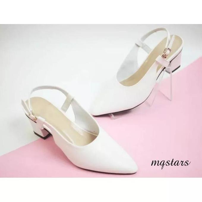 mqstars Sepatu Pansus Wanita Mule Shoes Hak Tahu 5cm Heels Kasual Hitam Putih HC