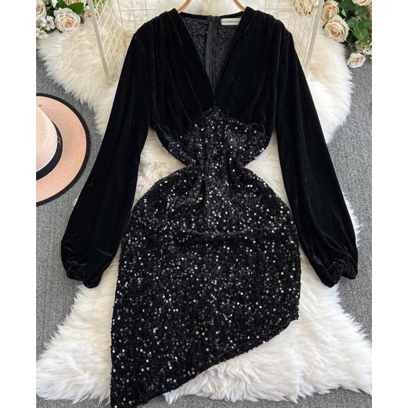 ECF - Gaun Pesta Payet Bludru Mini Leher V