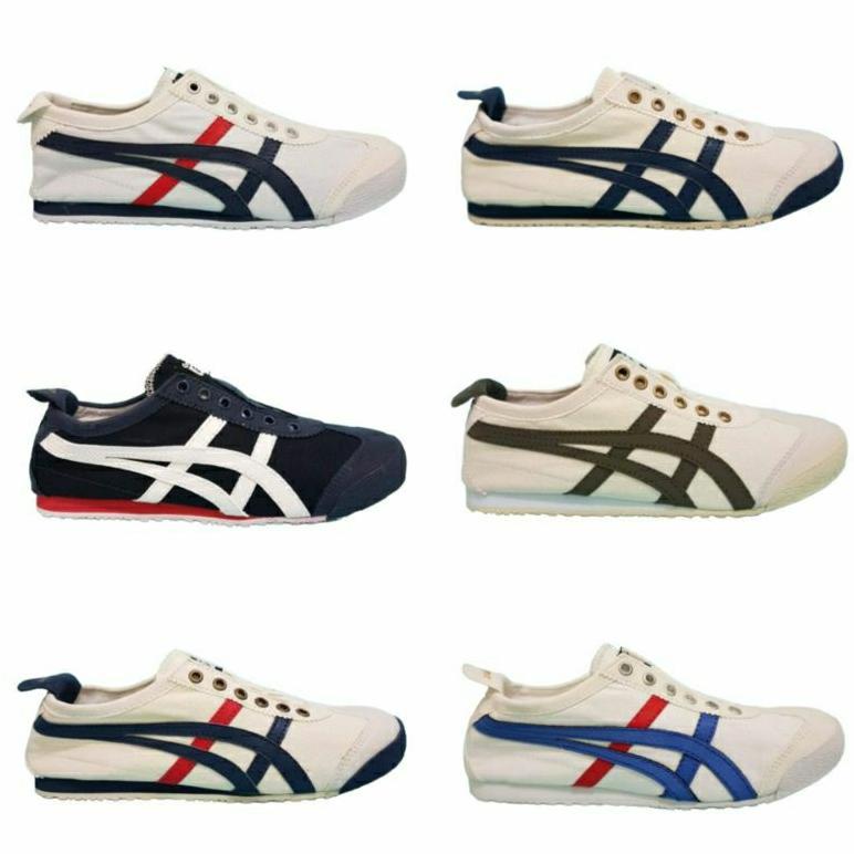 flash sale sepatu onit slip on tanpa tali cream navy merah bahan canvas unisex pria wanita