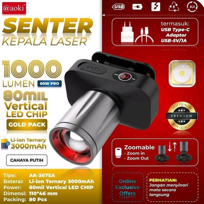 Lightx- Senter Kepala Zoom Aoki Ak-3675A 60W Pro 1000 Lumen - - Zoom Jarak Jauh