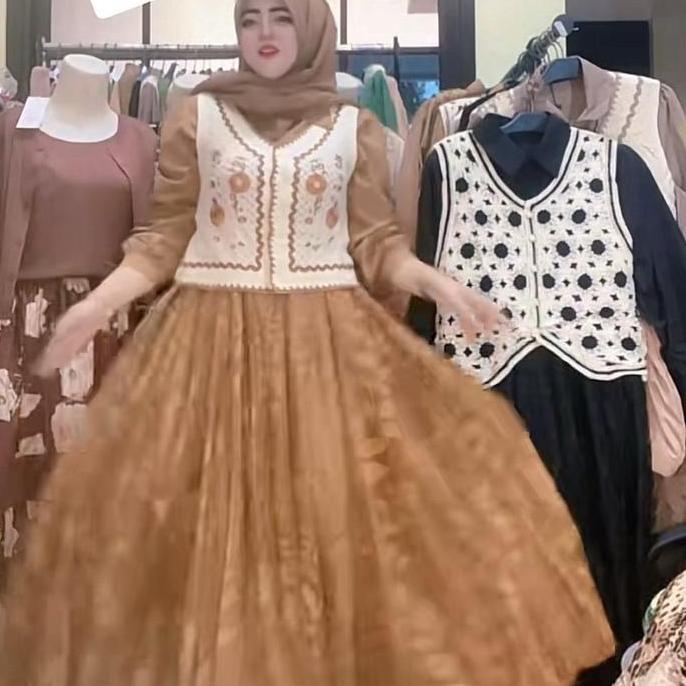 STYLE FASHION Setrompi Lepas Brokat Rajut Mewah Gaun Muslimah Elegan Motif Daun Hijau Tua Topi Hijab