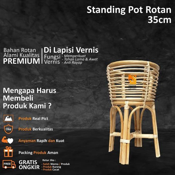 Standing pot bunga rotan 35cm,50cm,70cm Vas bunga minimalis tempat pot rotan alami
