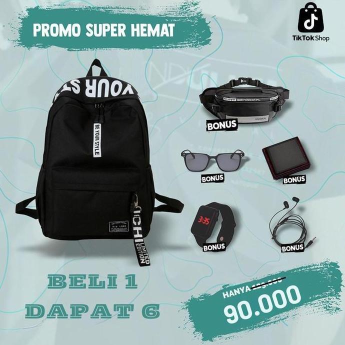 TikTok Shop PROMO SUPER HEMAT 2026 Tas Ransel Premium Kulit PU Hitam Backpack Wanita Pria Bonus Wais