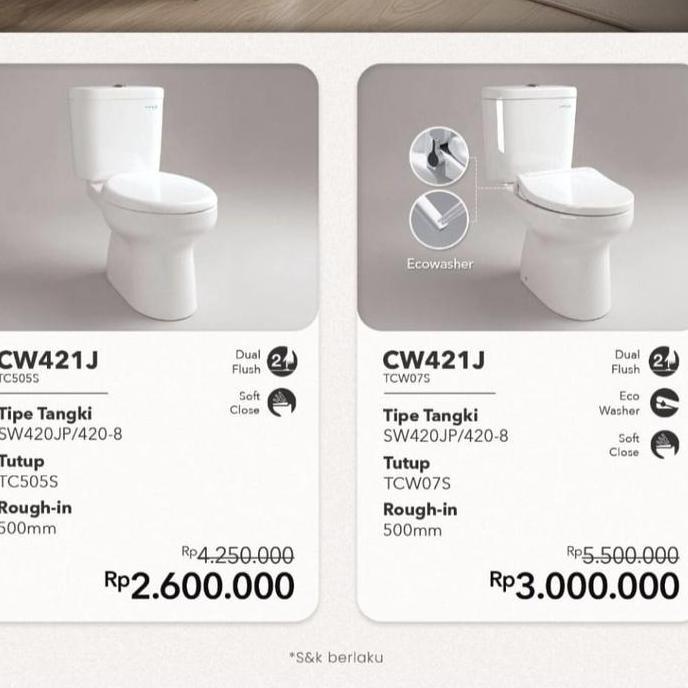 CLOSET DUDUK TOTO CW421J / KLOSET TOTO CW 421 J / TOILET TOTO CW 421 J
