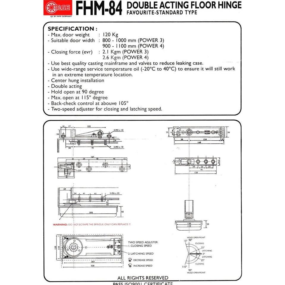 Engsel Lantai Floor Hinge Body Only OMGE FHM 84 Lebar 1100 Beban 110KG