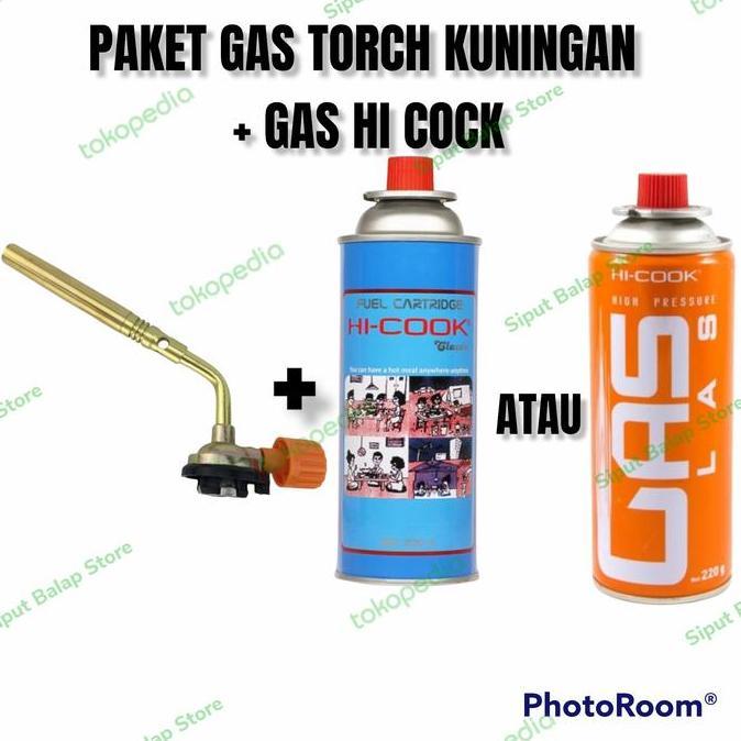 PAKET GAS TORCH KUNINGAN + ISI GAS REFILL HI COCK BIRU/ORANGE LAS