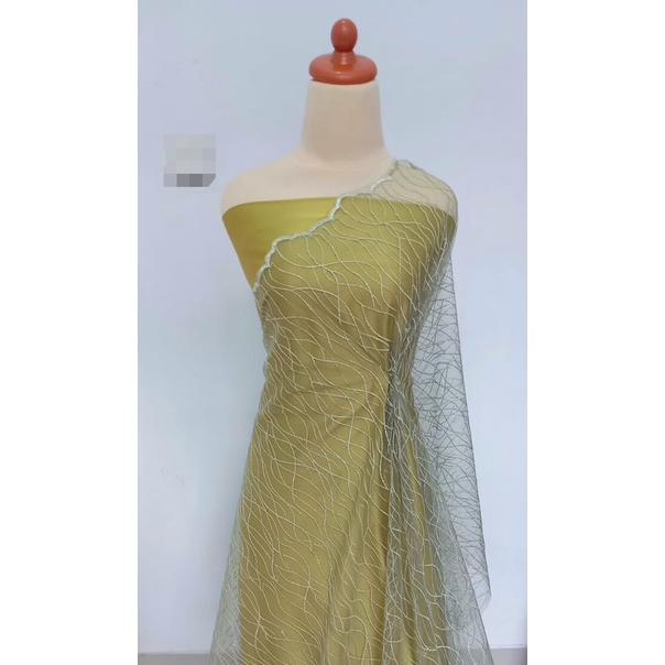 Paket Lengkap Kain Bridesmaid / Kain Satin Velvet Premium Lime + Brukat Tile Soft Green