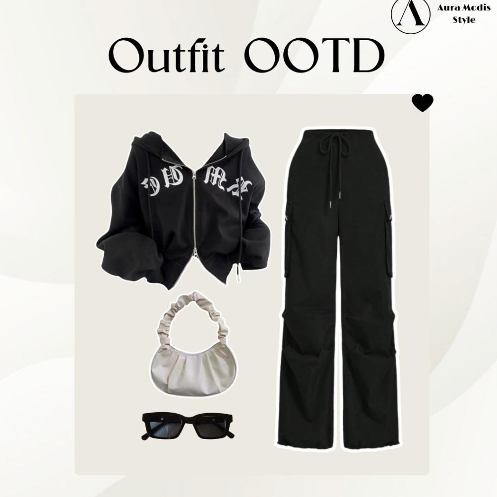 Disc Setelan 4In1 Wanita Premium | Sweater Crop Fleece Adem | Celana Cargo Hitam Jumbo Anti Gerah | 