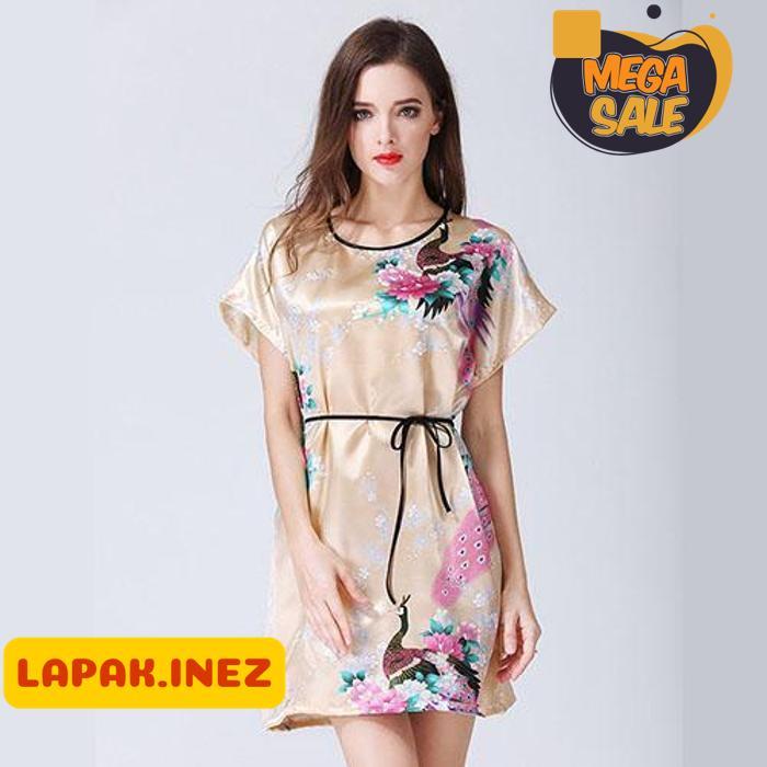 TIDUR SATIN SLEEPWEAR Baju Tidur Satin Wanita Motif Lukis Panjang dengan Ikat Pinggang Baju Tidur Sa
