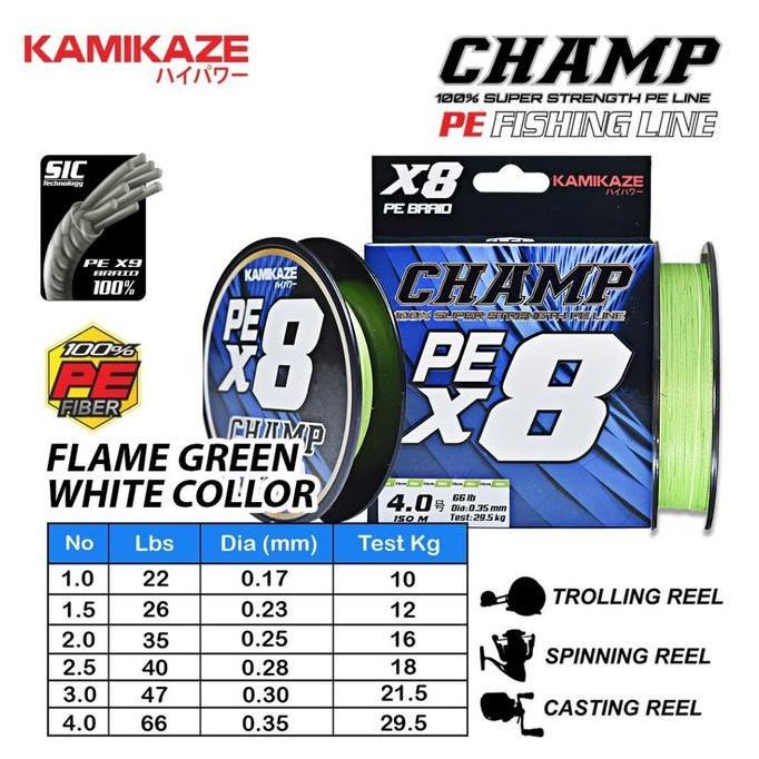 KAMIKAZE Senar PE Pancing Champ X8 150MTR Flame Green White Collor SIC Technology X8 Braide 100% - S