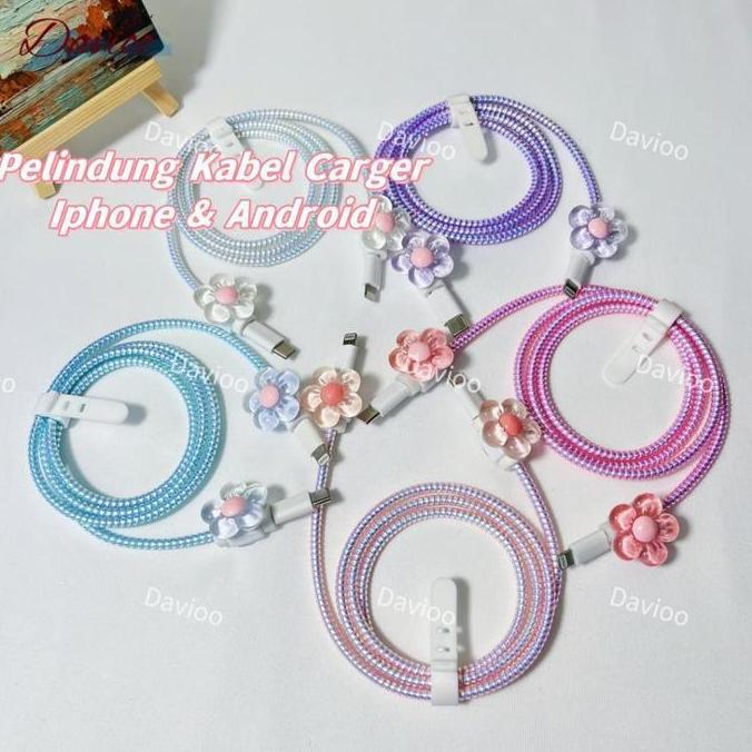 1 Set 4 item Pelindung Kabel Carger Universal Motif Bunga Pelindung Kabel Data Kawat Kabel Data HP F