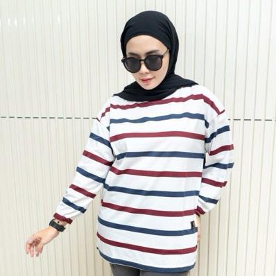 cuci gudang fst  kaos oversize wanita garis katun premium lengan 7/8 jumbo t-shirt oversize stripe b