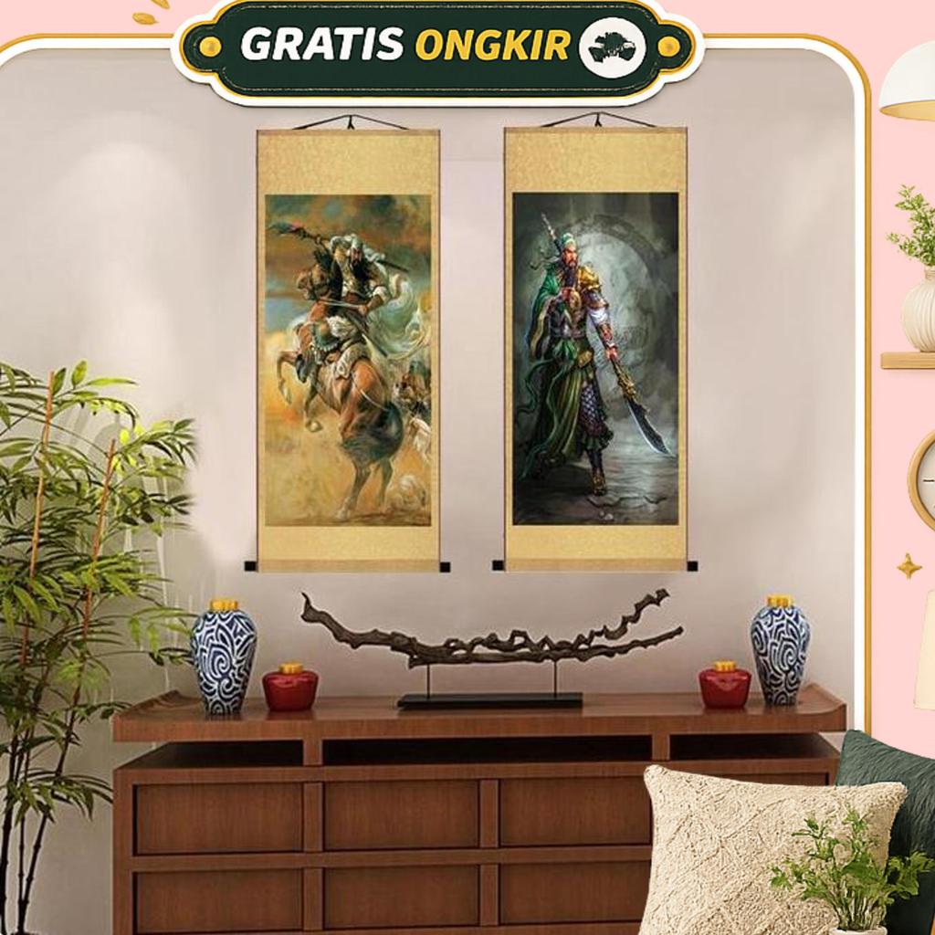 30X80Cm Lukisan Gulungan Klasik Kwan Kong / Gulungan Lukisan Dewa Kwan Kong Sutra