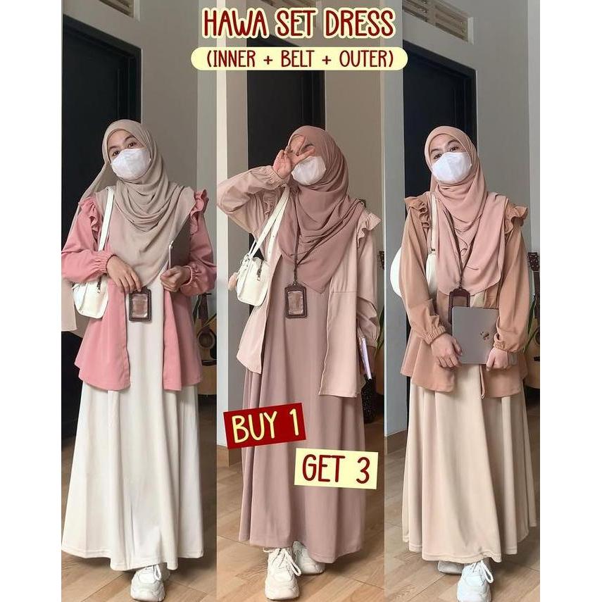 ArunaOutfit - Hawa Outer / Set Dress Wanita Muslim Panjang Scuba Baju Inner Outer & Belt Setelan Dew