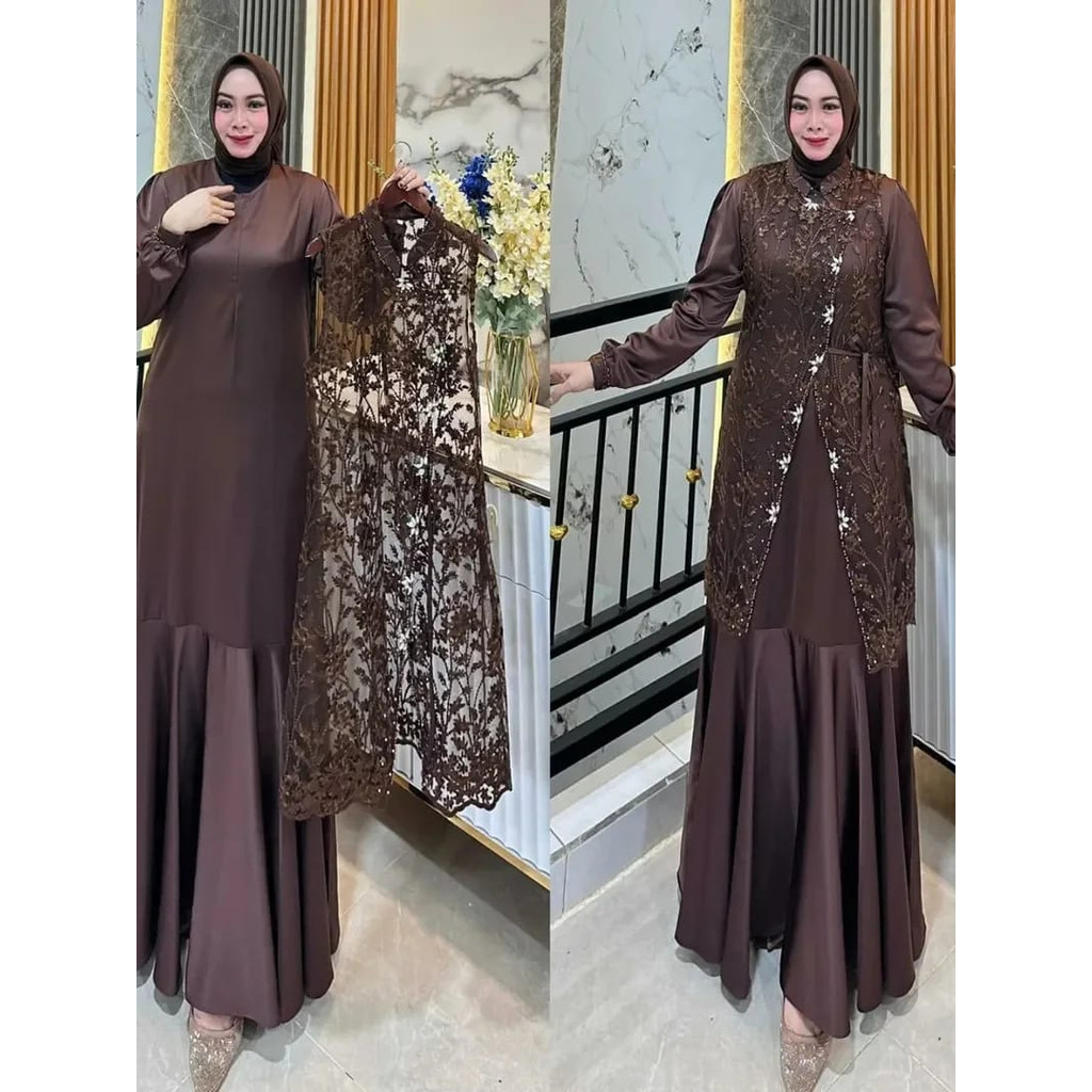 Vania Dress Wanita Matt Velvet Mix Payet Gamis Brokat Remaja Simple Mewah Elegant