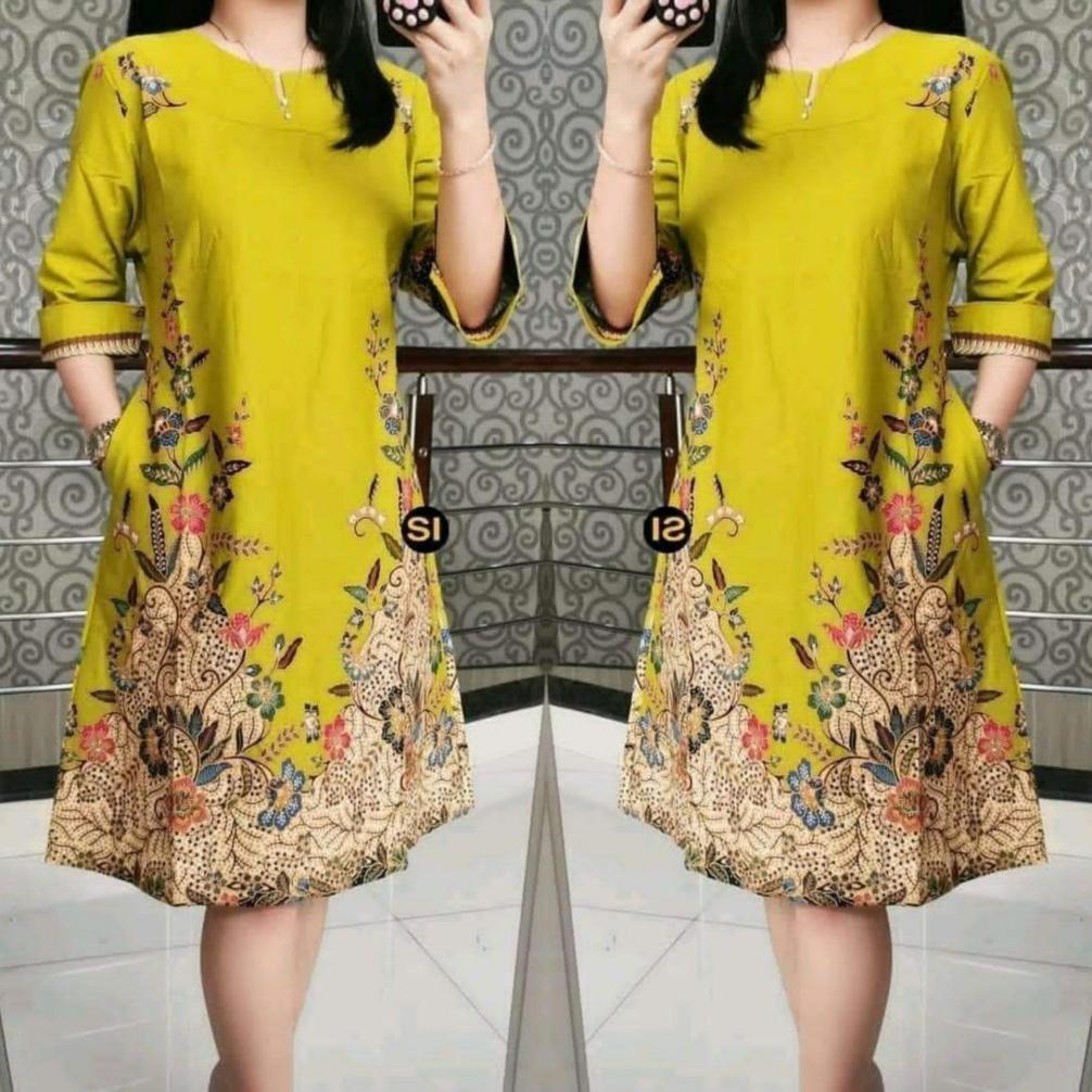 Unik Dress Batik Modern Panjang 100Cm Ukuran Jumbo Ld 120 Ld 130 Kombinasi Saku Kanan Model Kekinian