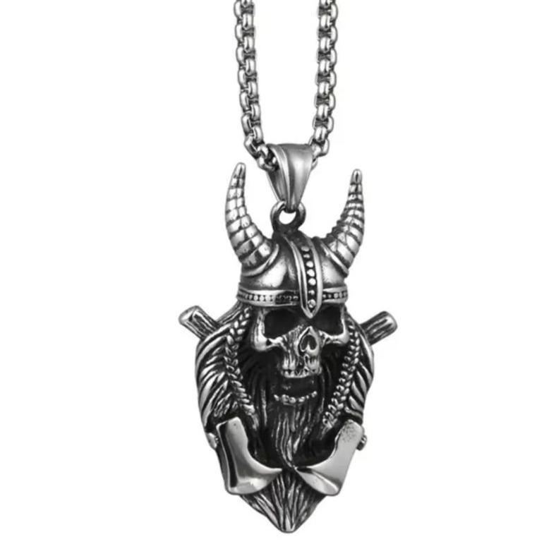 FAVORIT KALUNG RANTAI TITANIUM PRIA LIONTIN BAJA TITANIUM TENGKORAK TANDUK GAYA PUNK SILVER ANTI KAR
