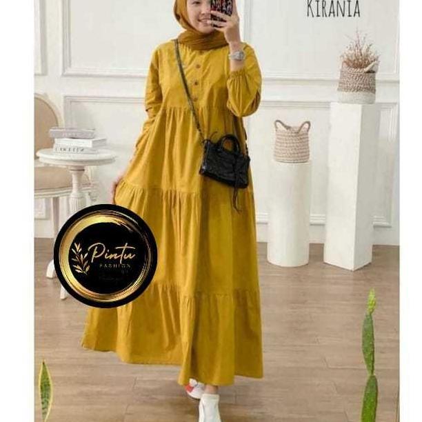 Premium Kirania Midi Dres Gamis Kirania Rayon Santung Midi Dress Susun Polos Kancing