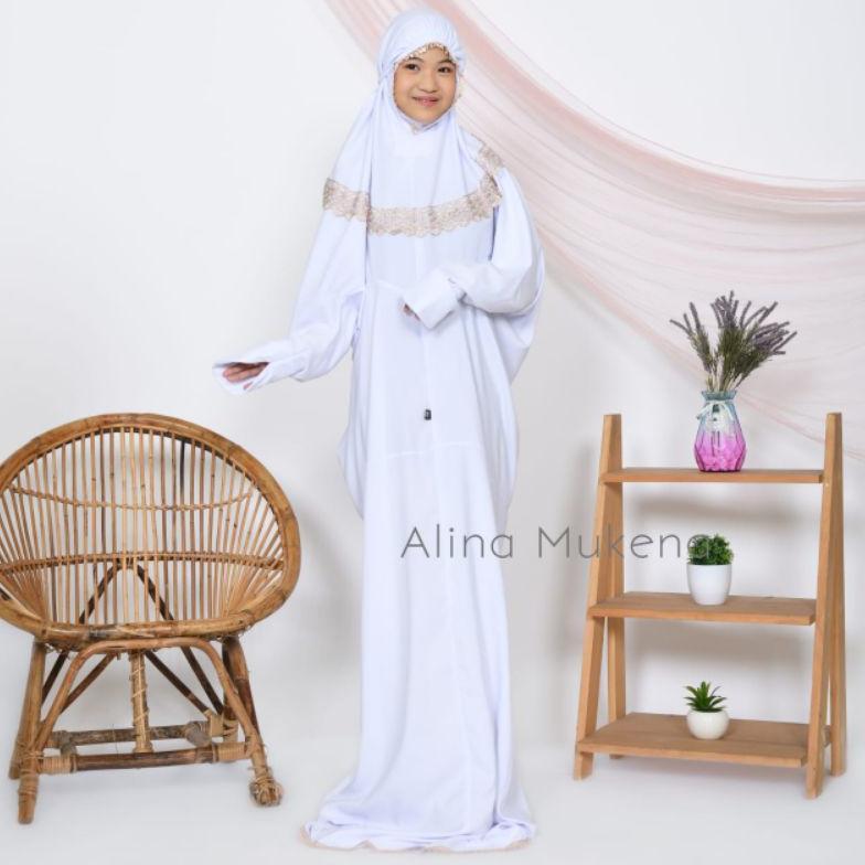 Diskont Alina Mukena - Mukena Terusan Santri Anak Remaja Tanggung Katun Polos Variasi Renda Kalung