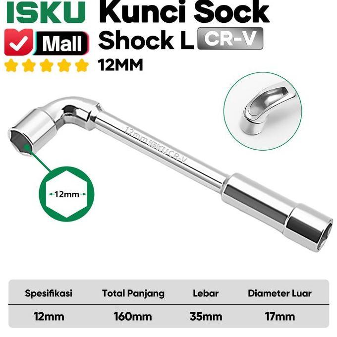 Tokoedwardd - ISKU Kunci Sok L 12mm Baja CR-V Kunci Shock Pipa Bolong Tembus Baut Panjang Anti Mento