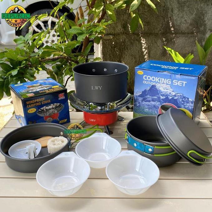 Paket Hemat Cooking Set dan Kompor alat Masak Camping Portable panci