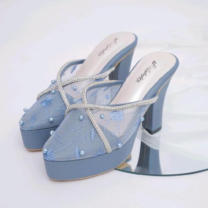 Syhafira - Selop Wanita Heels Pengantin 10 cm Tahu Denim dengan Hiasan Mutiara dan Rhinestone Elegan