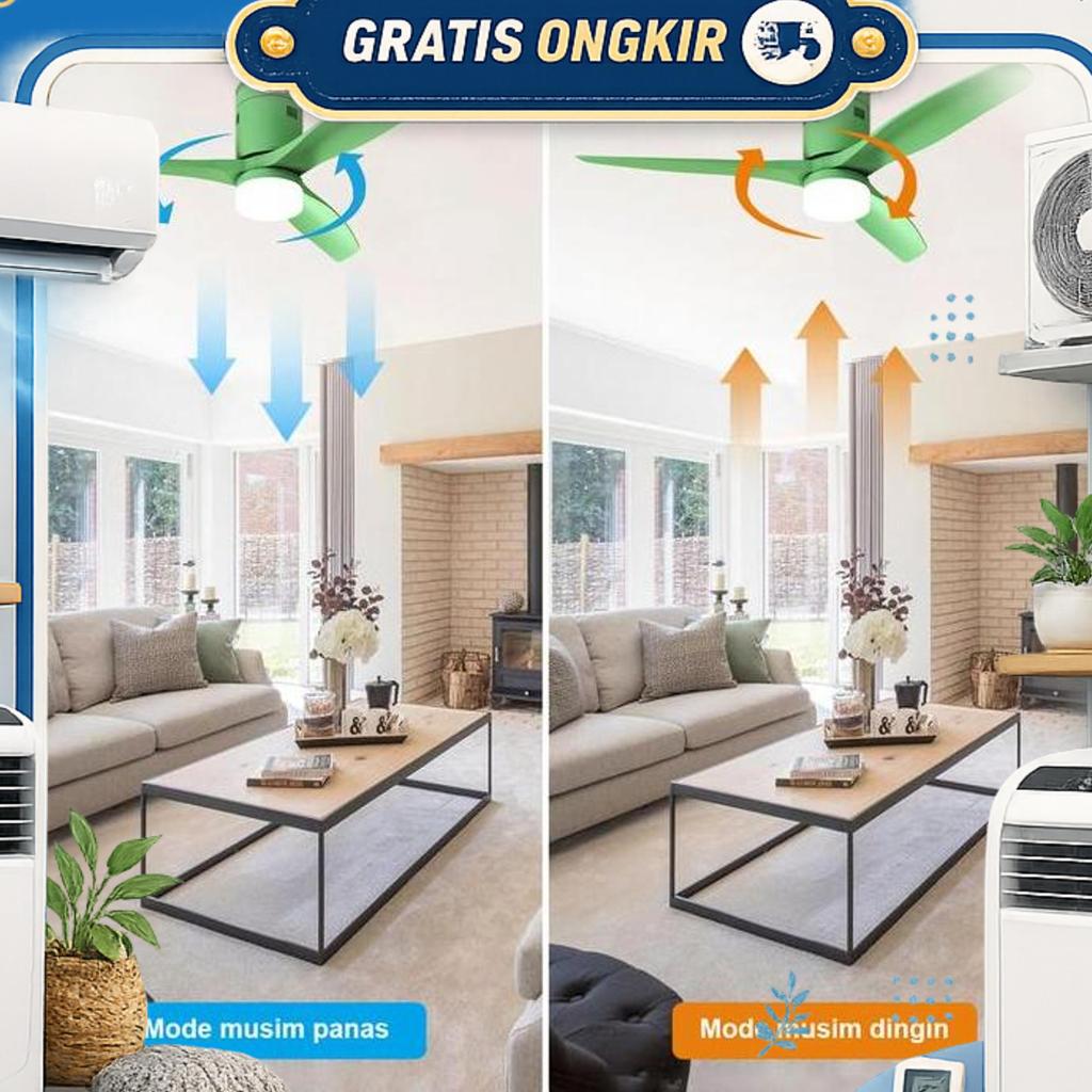 Geerli 52 Inch Kipas Angin Plafon Lampu Hijau  Gaya Segar & Alami, Lampu Led 3 Warna, Motor Dc Hemat