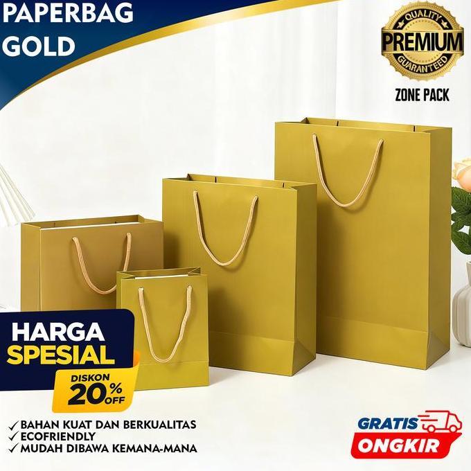 Paper Bag Gold  | Paper Bag Polos Kraf Gold Hadiah | Paper Bag Hampers Kado Souvenir | Tas Pembungku
