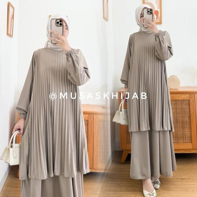 Tunik Plisket Oneset Plisket Payung Polos Setrok Setelan Rok Oneset Malaysia Plisket Gamis Plisket L