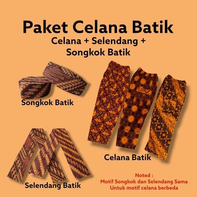 Paket Celana Batik Anak Sampai Dewasa Adat Betawi Dapat Syal Selendang dan Songkok Batik Coklat Panj