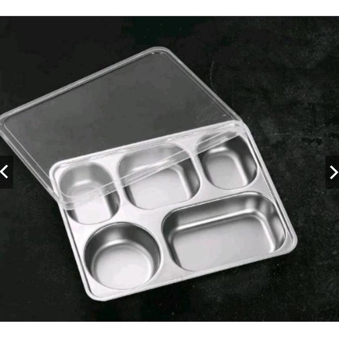 Terlaris Wadah Piring Makan Stainless Sekat 5 + Tutup Plastik Lunch Box Sekat 5 Food Tray Stainless 
