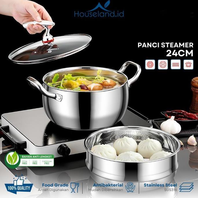 Aladin Panci Kukus Stainless Steel 316L 2In1 + Steamer | Diameter 24 Cm | Panci Rebus & Kukus Allsho