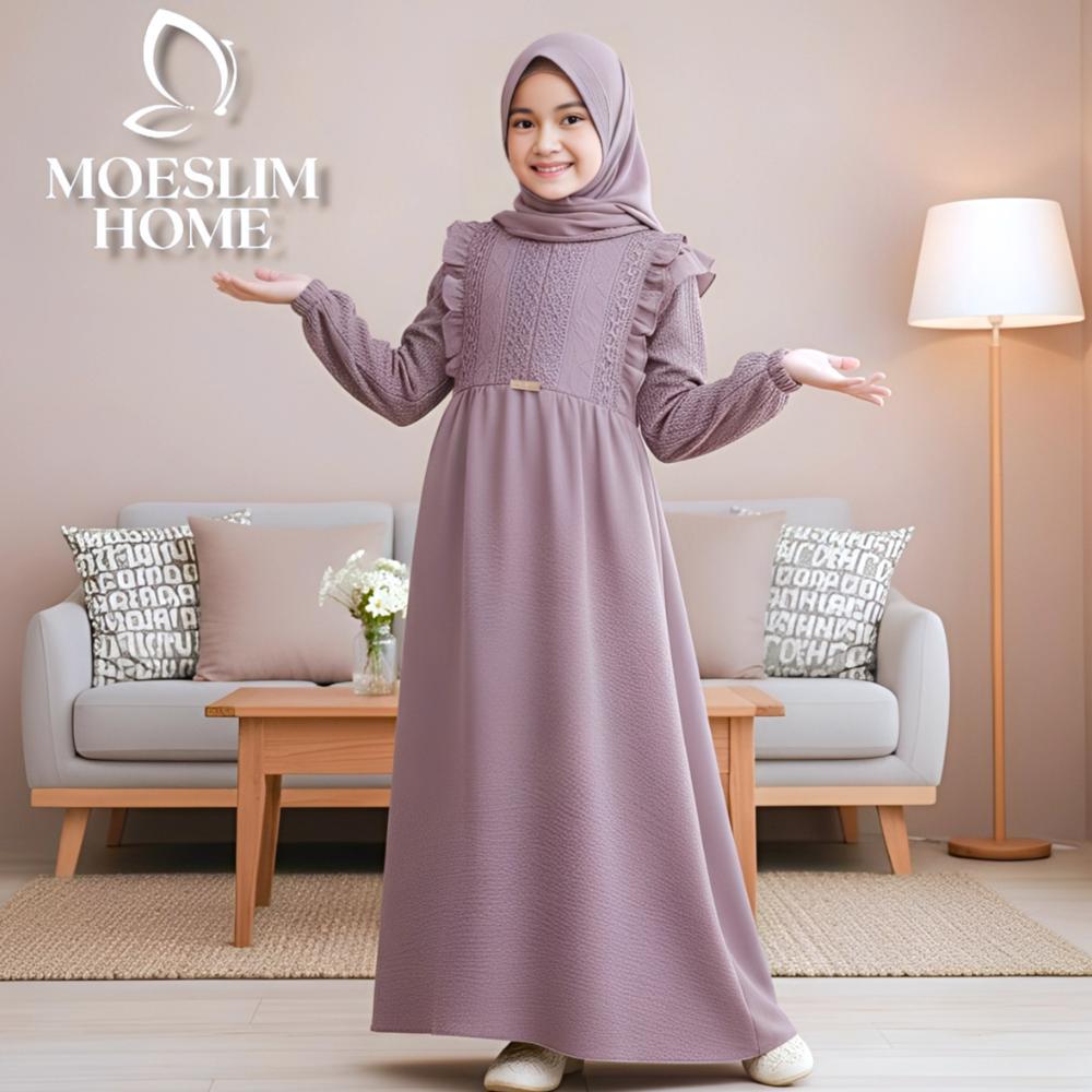 Original Gamis Anak Set Hijab 5-13 Tahun Bahan Crinkle Airflow Import Mix Brukat Malika Gamis Lebara