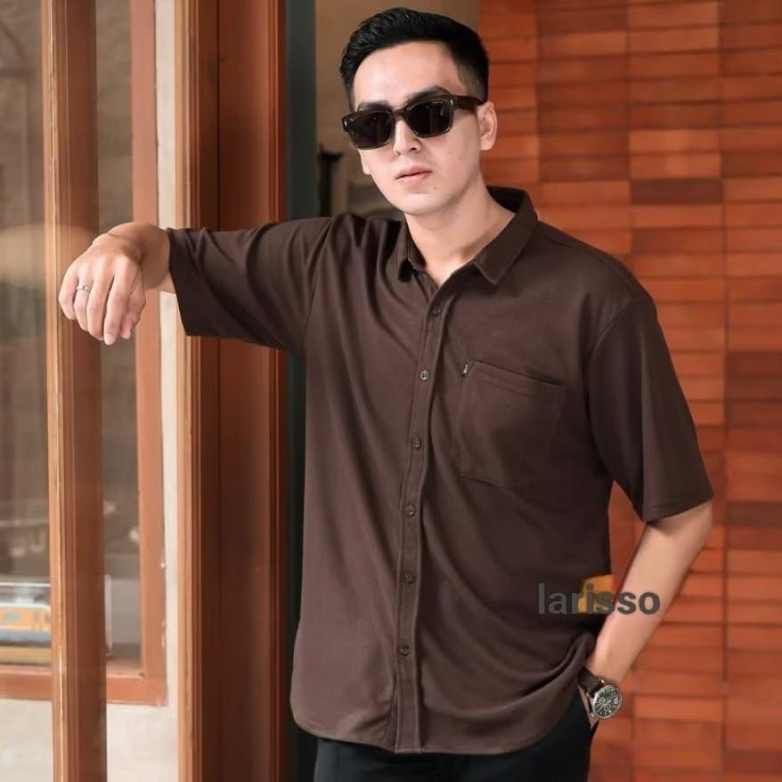 Terbaru Baju Kemeja Pria Dewasa Polos Lengan Pendek Coklat Mahogani Korea Style