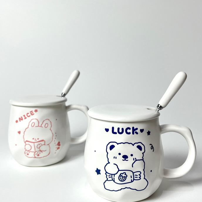 Gelas Mug Cangkir Kopi Keramik Set Dengan Sendok Aesthetic Korean