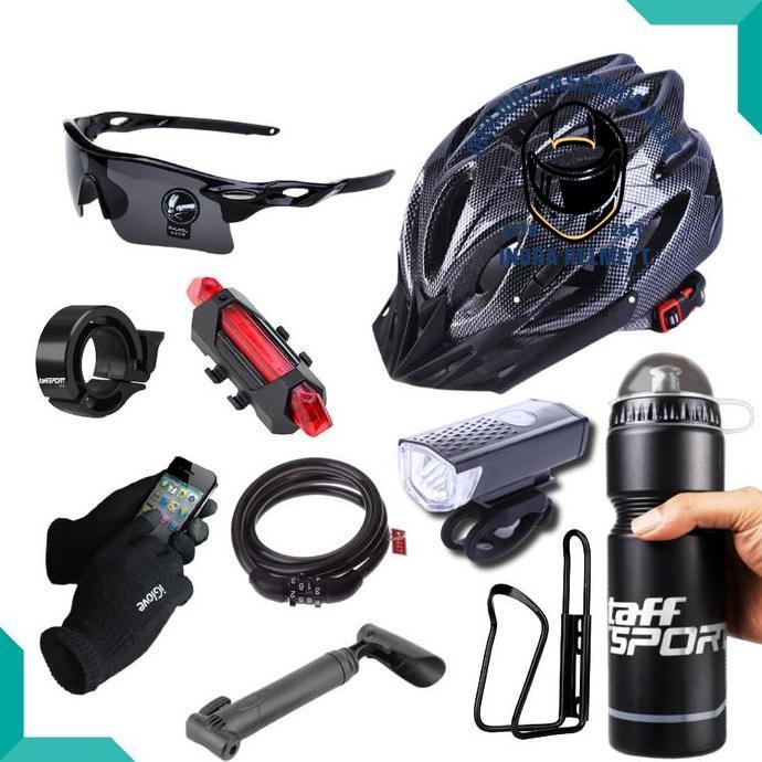PAKET AKSESORIS SEPEDA KOMPLIT HELM | KACAMATA | LAMPU | BOTOL MINUM | GEMBOK | BEL