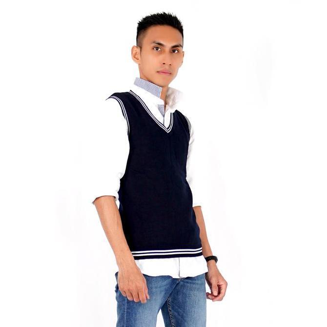 Okechuku Knit Vest Pria / Rompi Rajut Dewasa Navy List Putih Rompi Pria Rajut Knit Vest Rajut Pria