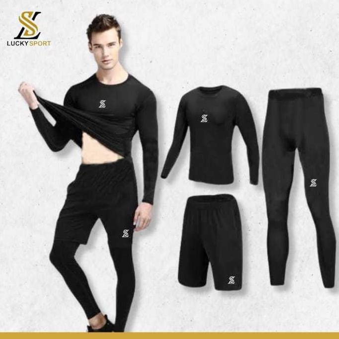 Official Baju Manset Legging Panjang Celana Pendek Pria Sport Olahraga Set Baselayer Gym Futsal Lari