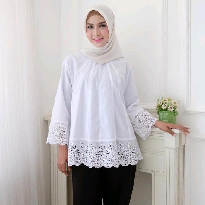 Ambicollection Vanie Blouse Baju Atasan Putih Wanita Muslim Kombinasi Renda Krancang NS