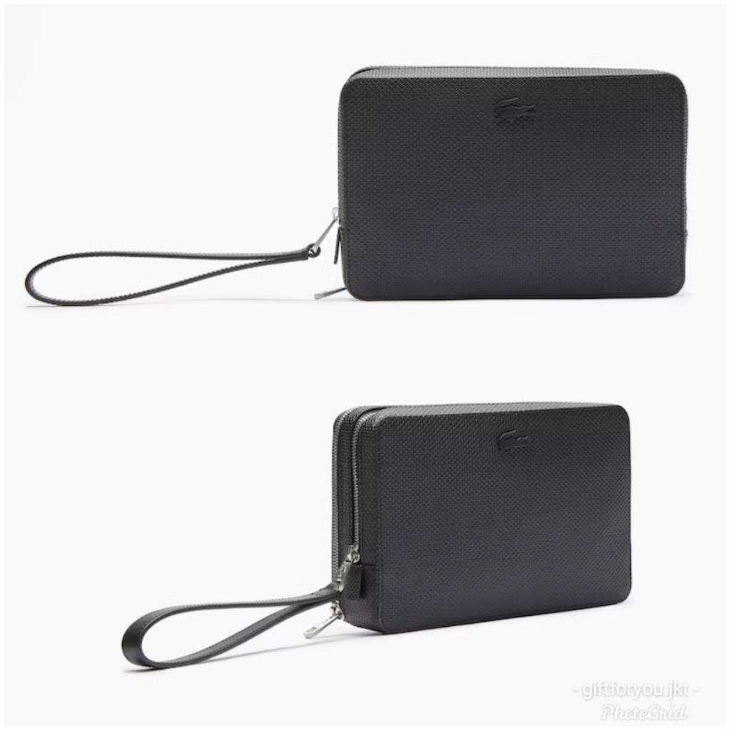 Tas Pouch Pria Lacoste Men'S Chantaco Pique Leather Zip Pouch Cowok Bag Black Hitam Branded Original