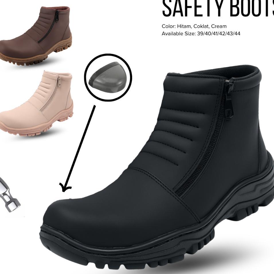 Sepatu Safety Pria Boots Strut Resleting Hitam Coklat Cream - Shoes Men'S Boot Septy Ujung Besi Kerj
