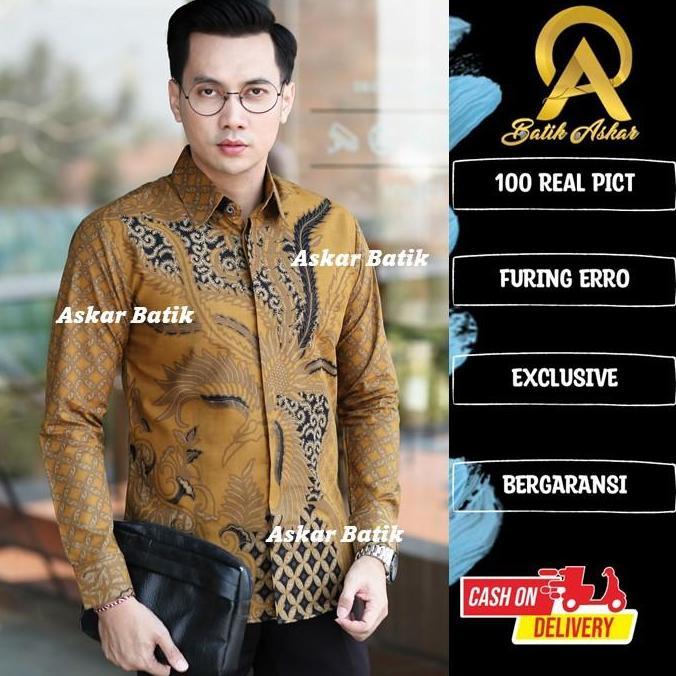 PROMO / NISMARA Batik Pria Slimfitting Lengan Panjang Warna Kuning Kunyit Baju Motif