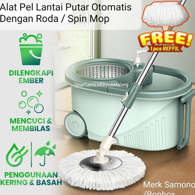 Alat Sapu Pel Lantai Putar Otomatis Super Spin Mop Dengan Roda Samono