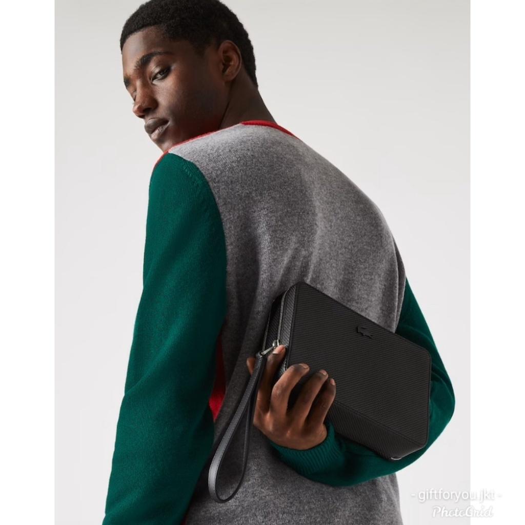 Tas Pouch Pria Lacoste Men'S Chantaco Pique Leather Zip Pouch Cowok Bag Black Hitam Branded Original