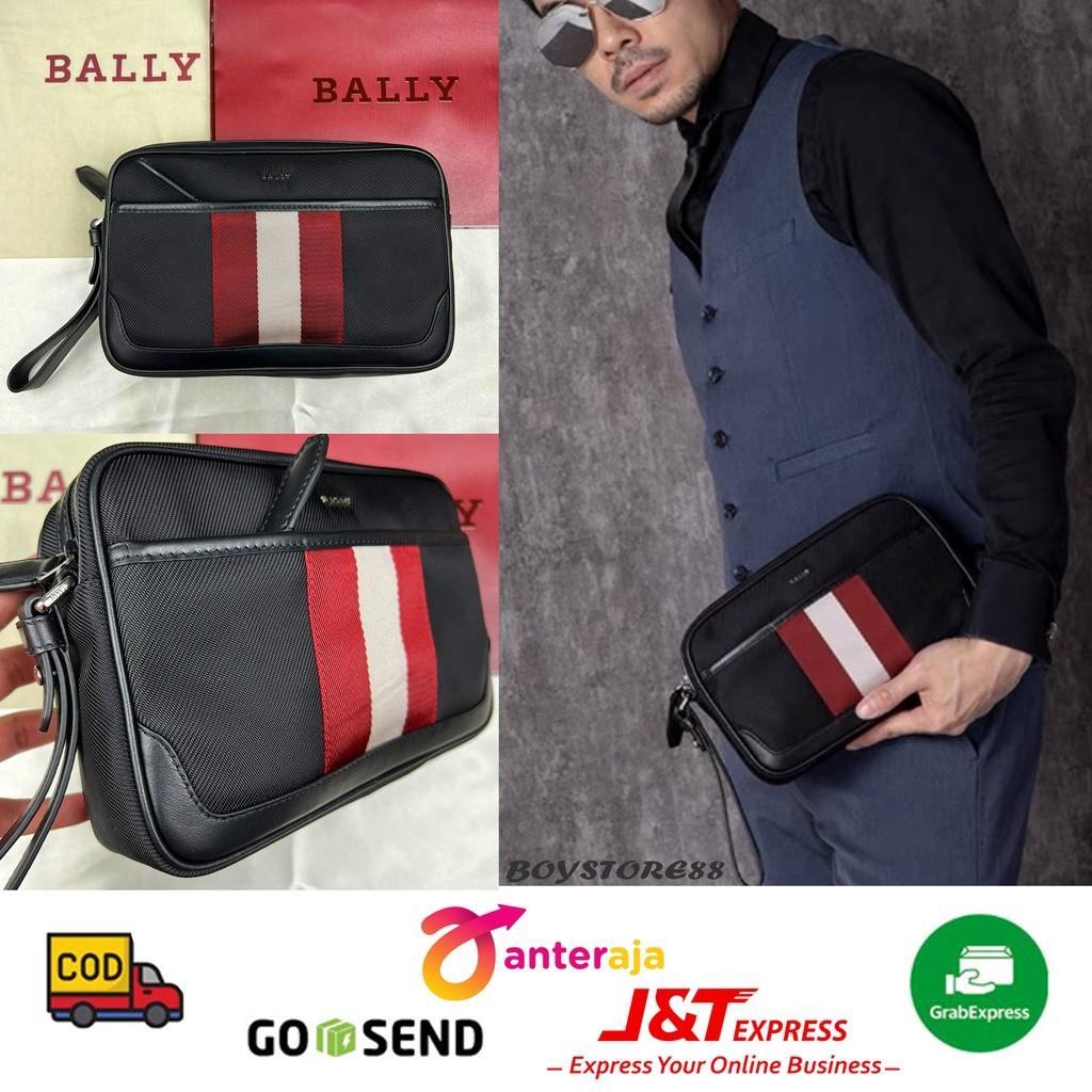 Tas Bally Men Caliros Clutch Bag Black Stripes Authentic
