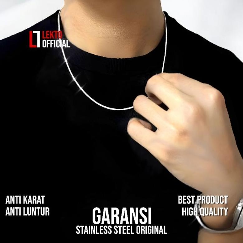 paket hemat kalung titanium pria anti karat silver asli original wanita perak putih model kotak kalu
