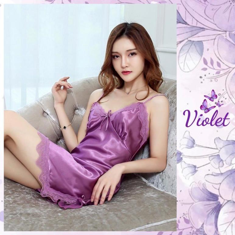 GARANSI Violet Set Lingerie + G String Sexy Model Satin Lace Baju Tidur Pakaian Cewek Seksi lingerie