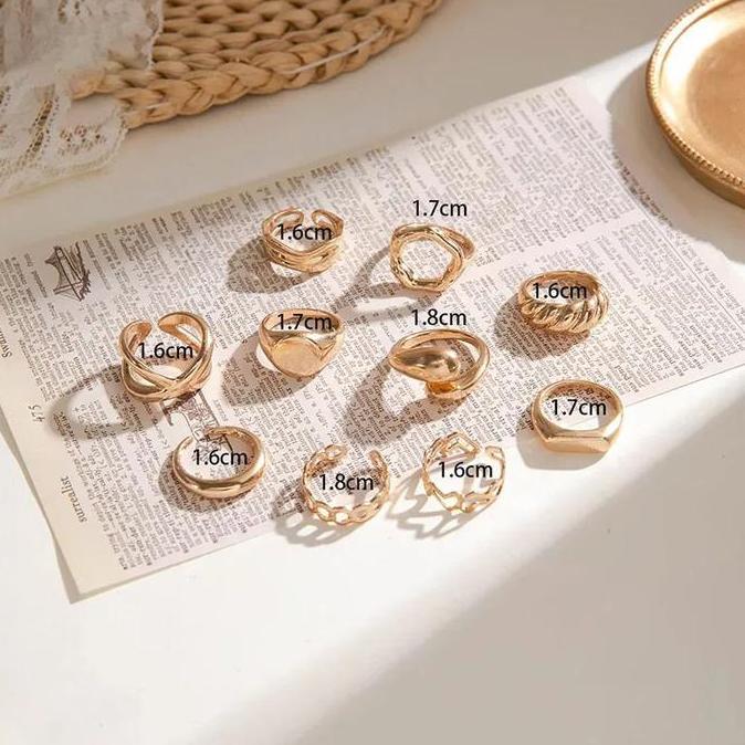 IDSTORE Si 10 Gold-Silver Statement Ring Set Set Cincin Vintage Cincin Buku Jari Wanita Tidak Beratu