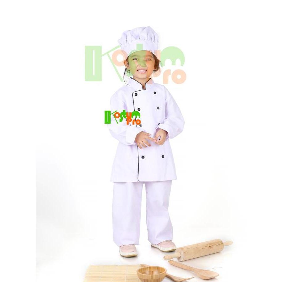 KOSTUM KOKI / BAJU KOKI + CELANA + TOPI ANAK UK 3-10 TAHUN TANGAN PANJANG PUTIH LITTLE CHEF Fashion 