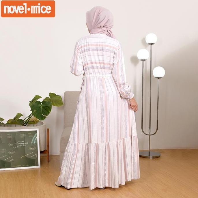 Khza- Novel Mice | Gamis Nita Rayon Twill Salur Kanaya Ivory | Dress Nita Lengan Panjang Motif Garis